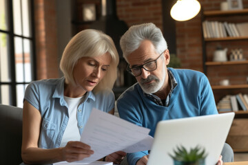 Middleaged Couple Anxiously Reviewing Paperwork For Mortgage And Insurance Contracts At Home