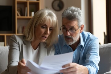 Midlife Couple Assiduously Evaluating Documentation, Contemplating Mortgage Insurance Contract In Their Home