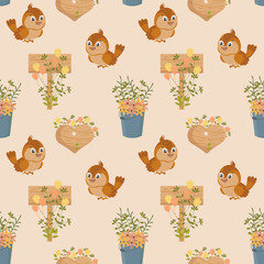 Seamless spring pattern, cute birds, birdhouses, buckets of flowers on a light background. Background, baby wallpaper, textile, vector