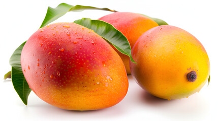 Ripe Juicy Mangoes with Fresh Water Drops and Green Leaves, Tropical Fruit Concept, Isolated on White