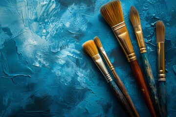 Artistic Expression Showcased With Paintbrushes On Blue Grunge Background