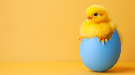 Vibrant Yellow Chick Emerging from Blue Eggshell, Symbol of New Life, Isolated on Yellow Background, Perfect for Easter