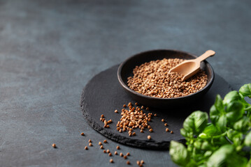 Raw buckwheat grains in a wooden bowl on a board on a dark background with fresh herb.