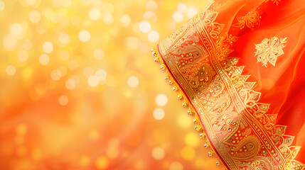 "Luxurious Red Sari Fabric with Golden Embroidery, Traditional Indian Fashion, Festive Bokeh Background