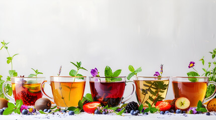 Assortment of Herbal Teas in Clear Glasses with Fresh Berries, Herbs, Wellness Concept, on White Background