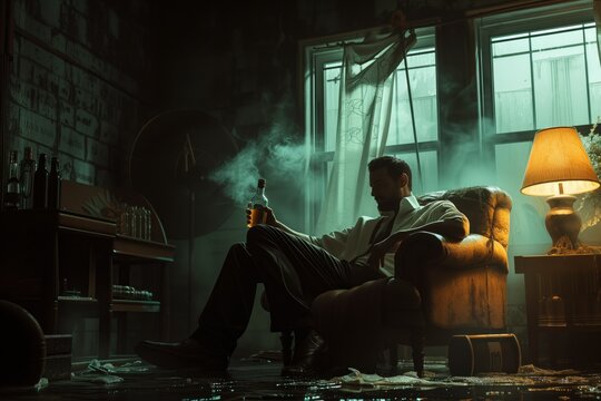 Regretful Guy Slumped In Chair, Holding Bottle Of Whiskey In Dimly Lit Room