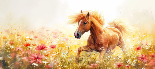 banner of horse on the flower background, spring time