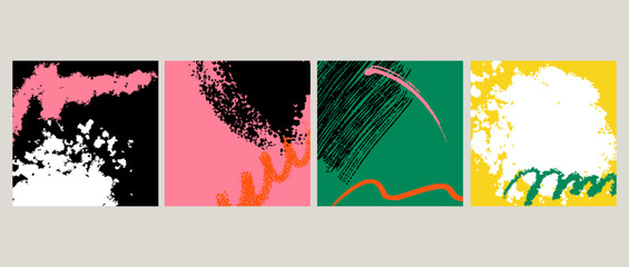 Abstract poster. Paint stains and blobs square background, colorful banner collection. Social media post. Art graphic design. Bright brushstrokes and minimalistic line. Vector contemporary set