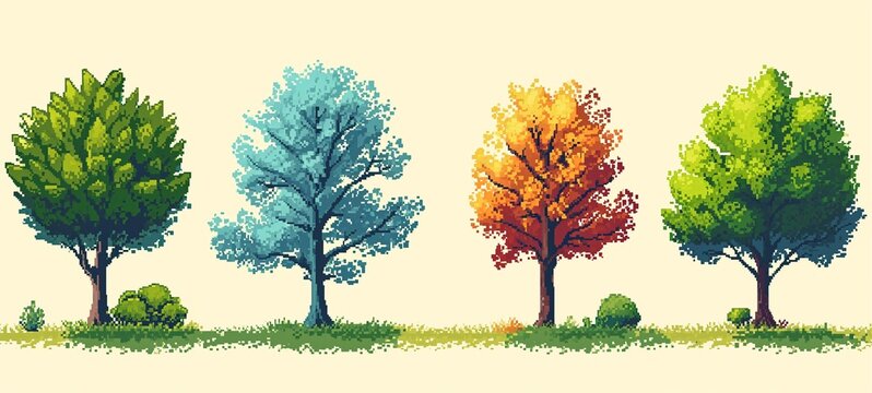 Set of four pixel art trees depicting seasons: lush spring green, icy winter blue, fiery autumn orange, and full summer green.