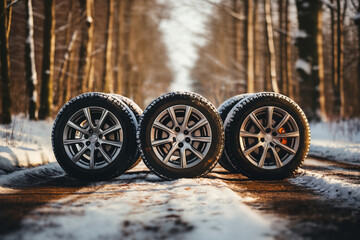 Fototapeta na wymiar a car wheels on the background of a winter road and a beautiful landscape, a snow-covered forest, a concept of traffic safety on a slippery road