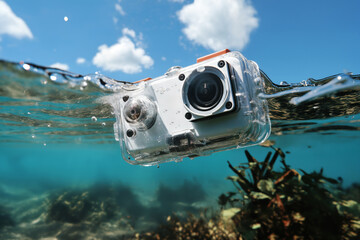 action camera in the pool on the background of water and blue sky