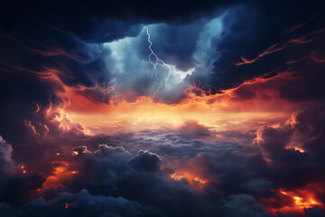 Obraz premium dramatic stormy sky with lightning and dark cumulus clouds aerial view for abstract background