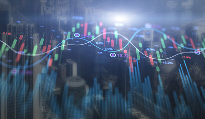 World business investment concept. Financial rising candlestick at abstract city background