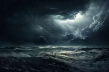 Obraz premium dark dramatic stormy sky with lightning and cumulus clouds over stormy sea with waves for abstract background