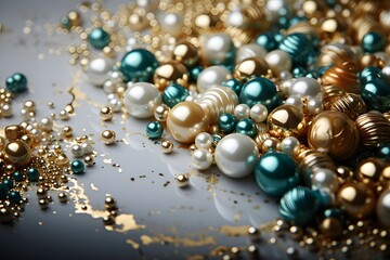 Christmas background with gold and blue beads, selective focus, toned