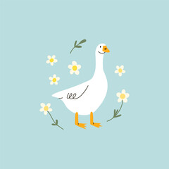 Cute goose. Adorable farm birds in different poses, funny characters and flowers. Childish t-shirt print and poster design, kids textile and nursery decor. Vector cartoon flat isolated illustration