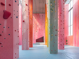 A walls are covered in climbing holds, and the entire space is painted pink. A large window lets in natural light.