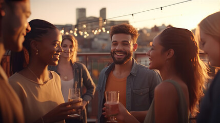 A Group of Young People Enjoy a Relaxing Rooftop Party at Sunset