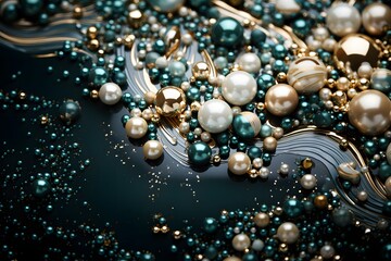 Beautiful pearls on a dark blue background, close-up