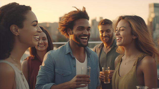A Group of Young People Enjoy a Relaxing Rooftop Party at Sunset