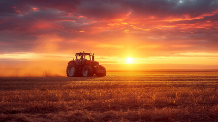 Fototapeta premium tractor is working in the meadow on sunrise 