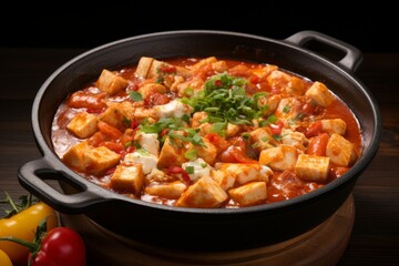 Delicious south korean sundubu jjigae. a tempting soft tofu stew with spicy flavors