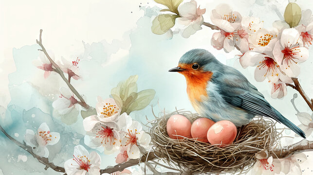 watercolor illustration of bird with eggs in the nest, sping time, blue light background 