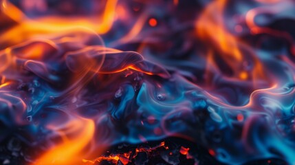 Fototapeta na wymiar Dynamic close-up of fiery interplay with vibrant orange and red flames swirling through cool blue and purple smoke.