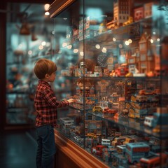 Curious boy in plaid observing a variety of playsets and toy vehicles in a store's glass display, immersed in the warm, glowing ambiance of the shop.
