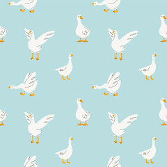 Cute goose seamless pattern. Adorable farm birds. Decor baby textile, wrapping paper, wallpaper design. Childish print for fabric vector cartoon flat isolated illustration