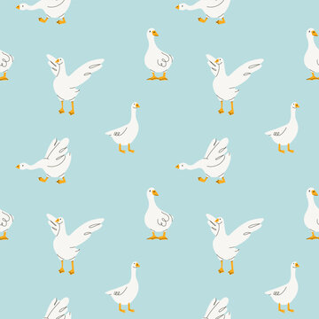 Cute goose seamless pattern. Adorable farm birds. Decor baby textile, wrapping paper, wallpaper design. Childish print for fabric vector cartoon flat isolated illustration