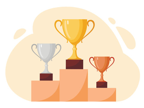 Winners podium with cups. Prizes for the Champions. Gold, silver and bronze cups. Vector illustration
