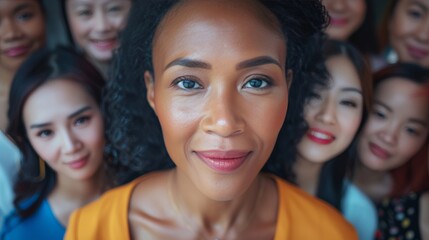 Obraz premium Diversity, portrait selfie and business women teamwork, global success or group empowerment in office leadership. Social media career of asian, black woman and senior people or staff profile picture