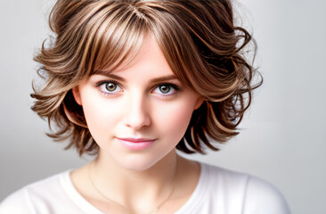 Fototapeta premium cute girl with blond hair on a white background, with beautiful eyes looks into the frame 