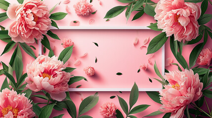 Greeting card with peony, 8 march. spring time, pink colors