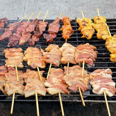 Thailand traditional food, Thailand street food, pork are grill with sweet sauce. 