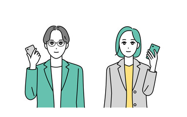 笑顔でスマートフォンをもつビジネスパーソンのイラスト