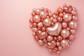 Romantic Rose Gold Balloons Arranged In Heart Shape On Soft Pink Backdrop