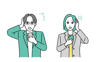 困った顔でスマートフォンをもつビジネスパーソンのイラスト