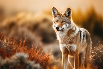 Obraz premium Beautiful photo of a wild coyote out in nature at sunset, Ai generated