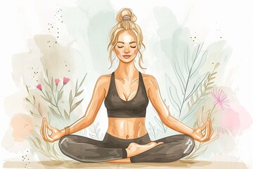 Young blonde woman does yoga to relax