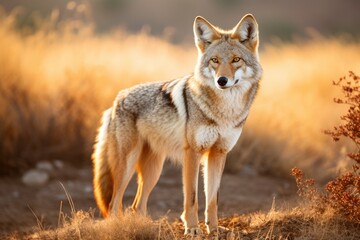 Fototapeta premium Beautiful photo of a wild coyote out in nature at sunset, Ai generated