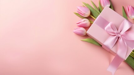 Bouquet of pink tulips and Gift box with pink ribbon on light pastel background. 8 march or birthday concept with copy space