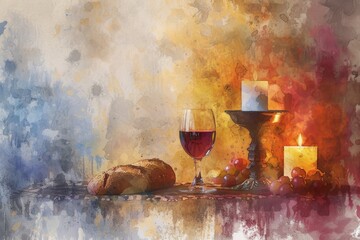 Symbolic Elements Of The Eucharist, Including Wine, Bread, And Table, Digitally Rendered As Vibrant Watercolor