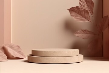Wooden podium with leaf shadow, beige background. Cosmetics promotion mockup. Stone step pedestal. Minimalist banner, 3D render illustration. Generative AI