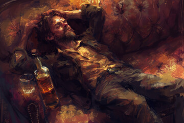 Unconscious Guy With Whiskey Bottle, Sprawled On Couch