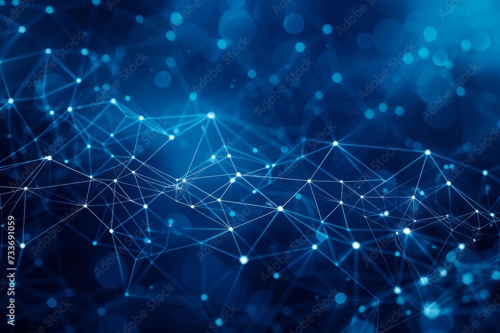 Poster dynamic network of interconnected dots and lines set against a vibrant blue background