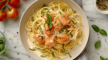 Top view of creamy linguine pasta topped with chunks of salmon and garnished with fresh basil leaves on a marble background.