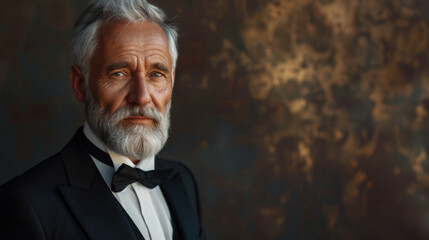 Portrait of a distinguished senior man with a well-groomed beard, wearing a tuxedo and bow tie, embodying sophistication and wisdom. - obrazy, fototapety, plakaty