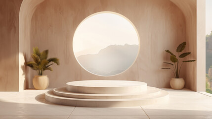 A tranquil modern interior featuring a minimalist stage-like platform with a large round window overlooking a serene mountainous landscape, complemented by indoor plants.